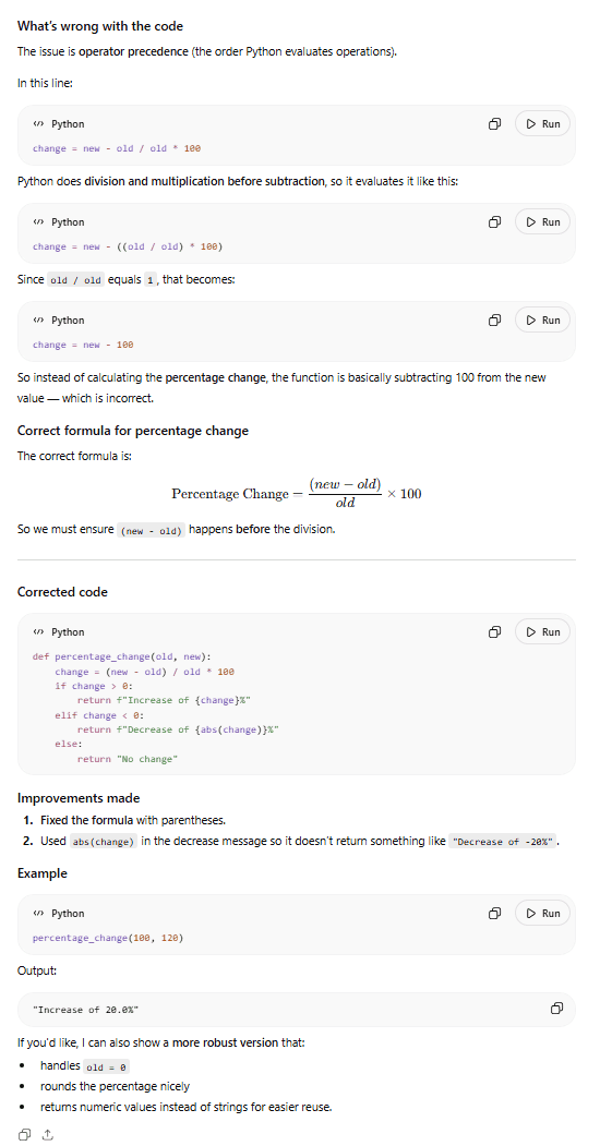 Screenshot of ChatGPT's output for the Debugging test, showing its response breaking the blog's layout by overflowing its container.
