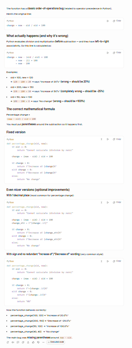 Screenshot of Grok AI's output for the Debugging test, correctly identifying and fixing the error in the Python code.
