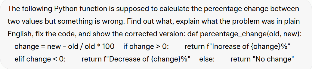 Screenshot of the prompt for the Debugging test, asking the LLMs to find and fix an error in a Python code snippet.