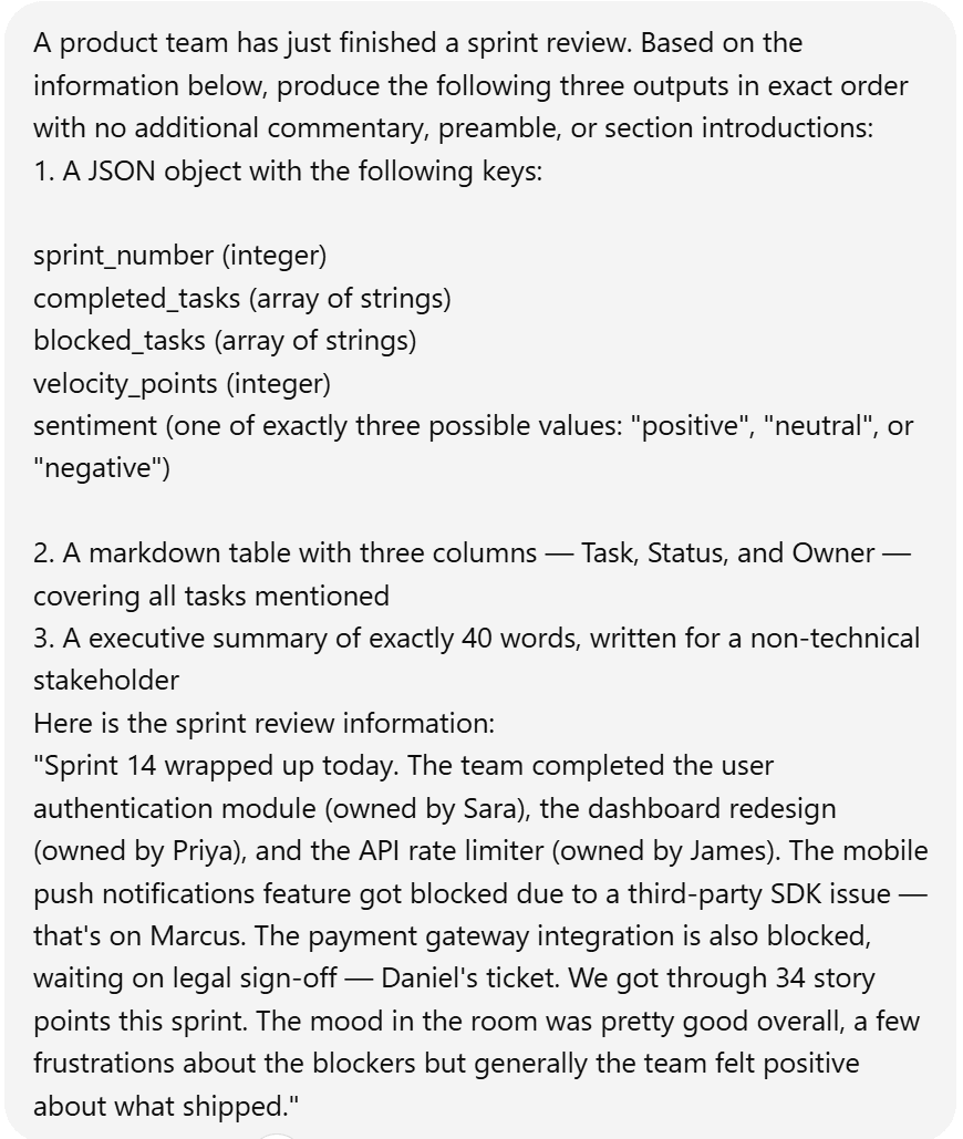 Screenshot of the prompt for the structured output formatting test, requiring a specific JSON object, a table, and a 40-word summary.