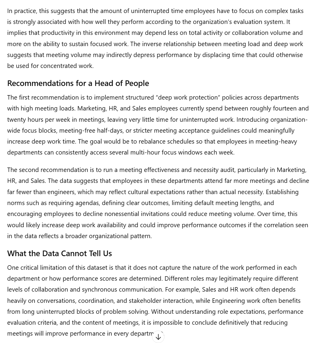 ChatGPT's data analysis output part 2, featuring actionable recommendations like organization-wide focus blocks.