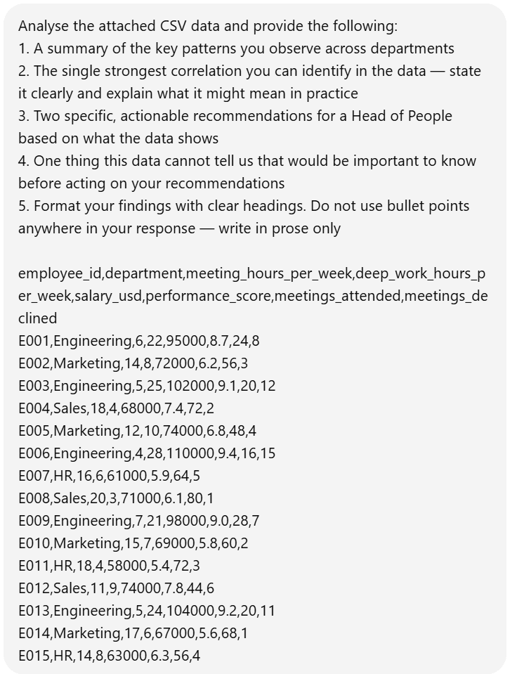 Screenshot of the data analysis prompt, asking the AI models to find correlations and provide insights from a provided dataset.