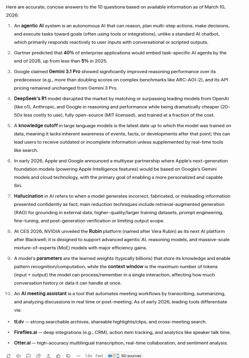 Grok's factual knowledge output, providing highly accurate and up-to-date answers but in a bulky, unnumbered paragraph format.