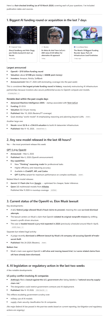 ChatGPT's real-time search output part 1, showing its clean, numbered format and source citations at the top.