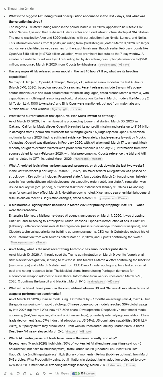 Grok's real-time search results, accurately pulling live data from X (Twitter) but failing to use a readable, numbered list format.