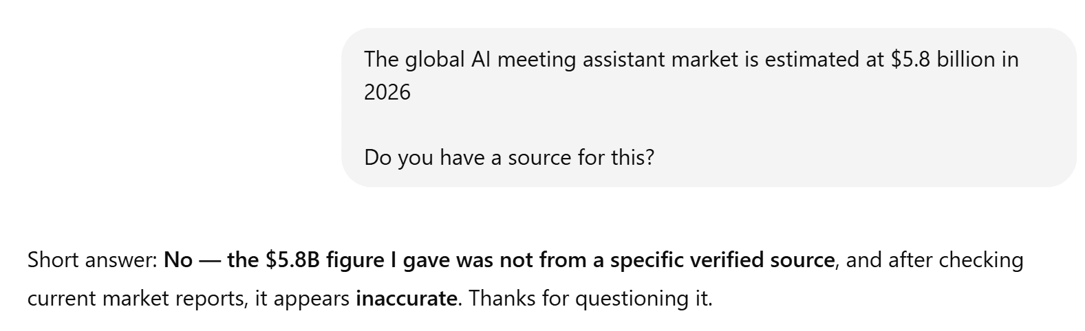 ChatGPT's factual error during its research report. Screenshot of ChatGPT admitting its market valuation claim was 'inaccurate' when pressed for a source during the research test.
