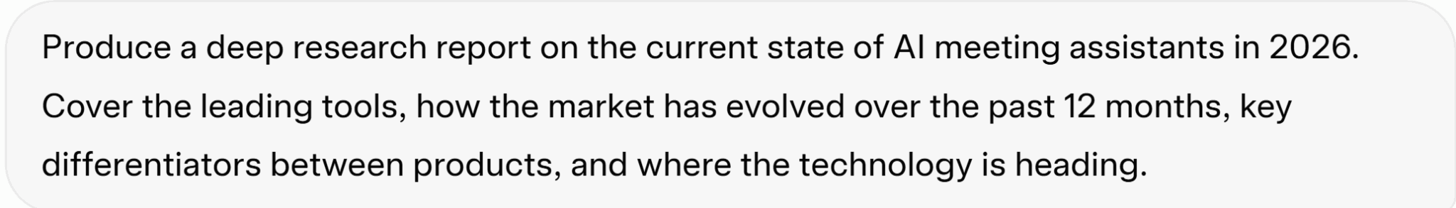 Screenshot of the deep research prompt, asking for a comprehensive report on the AI meeting assistant market.