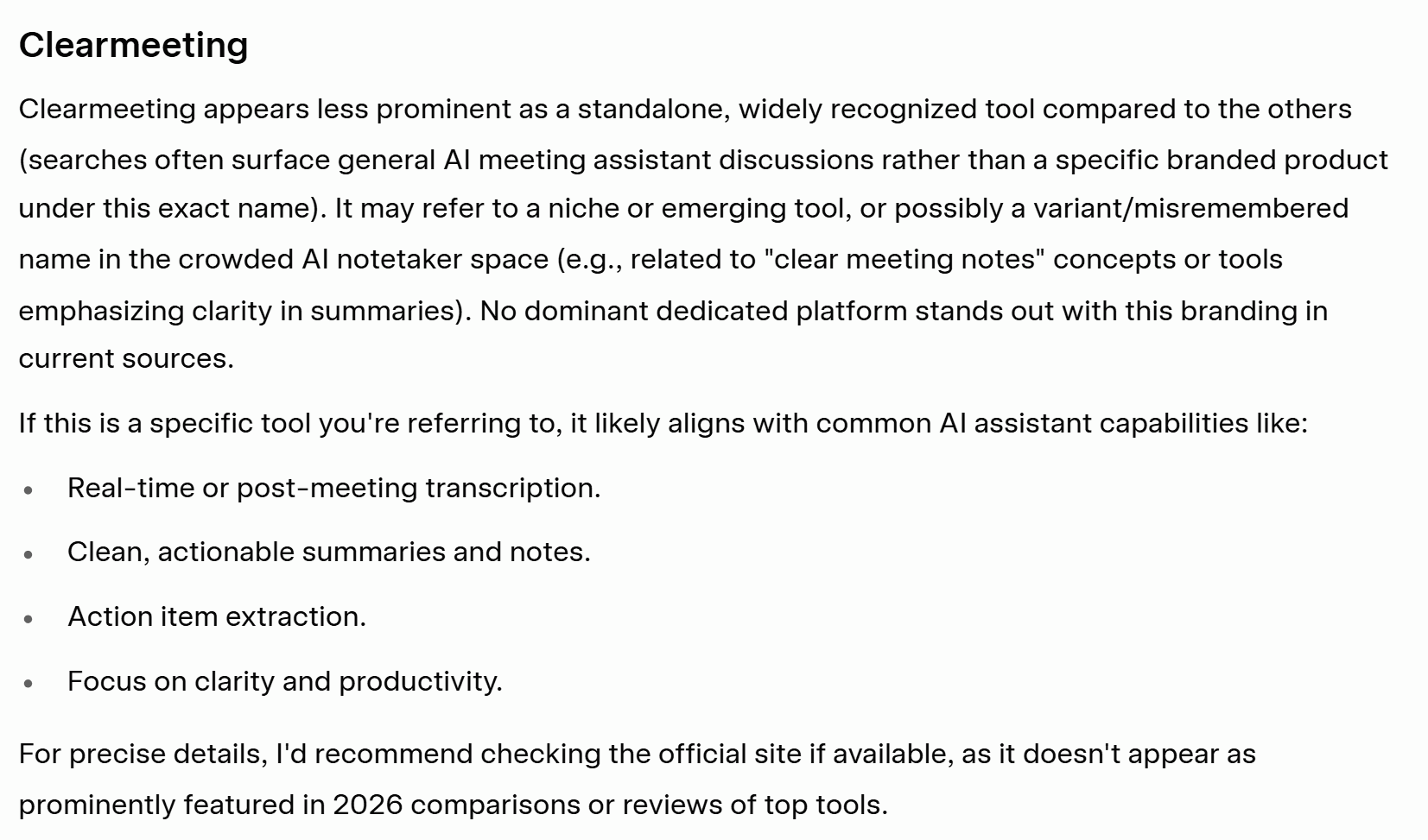 Grok's response to the hallucination test, correctly identifying that 'Clearmeeting' is not a known, branded product.