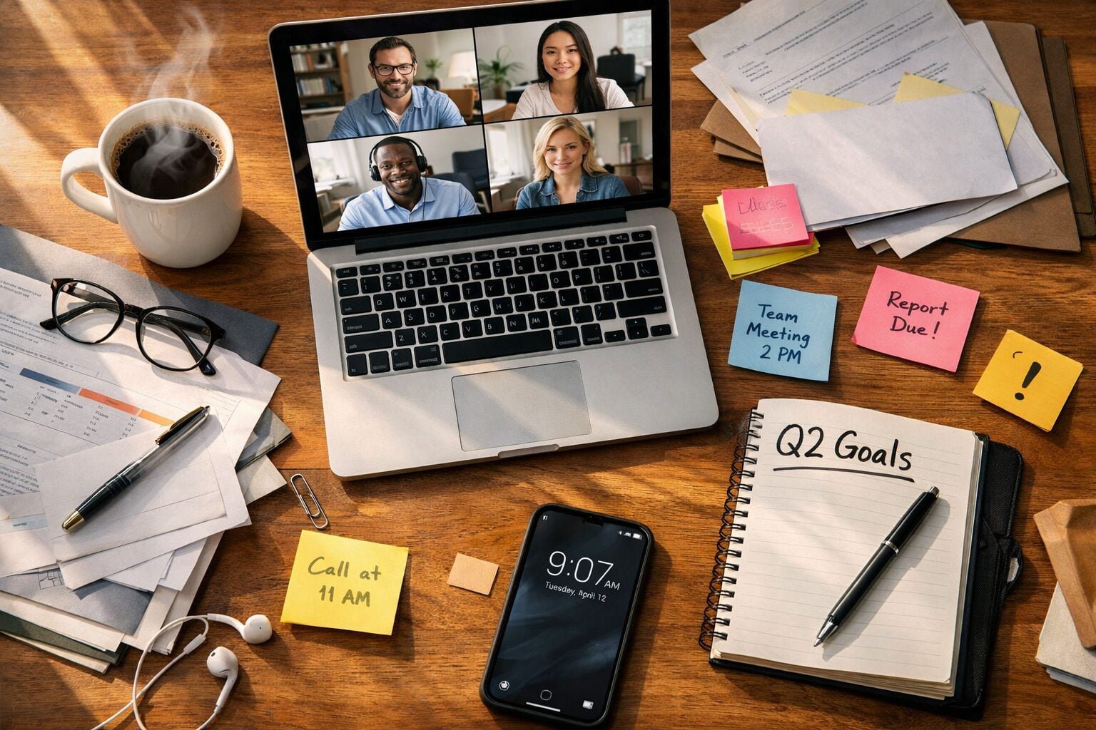 ChatGPT's image generation output, showing a high-quality but slightly staged-looking office scene from an overhead angle.