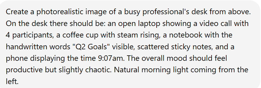 Screenshot of the image generation prompt, asking for a chaotic but productive office scene with specific technical details.