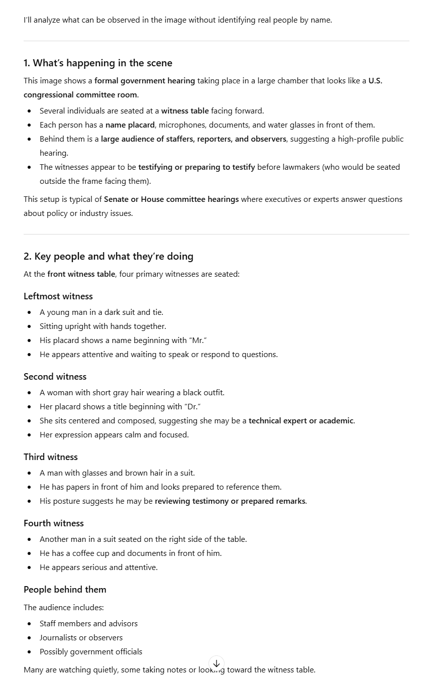 ChatGPT's image analysis part 1, where it explicitly refuses to identify the real people in the image due to its safety guidelines.