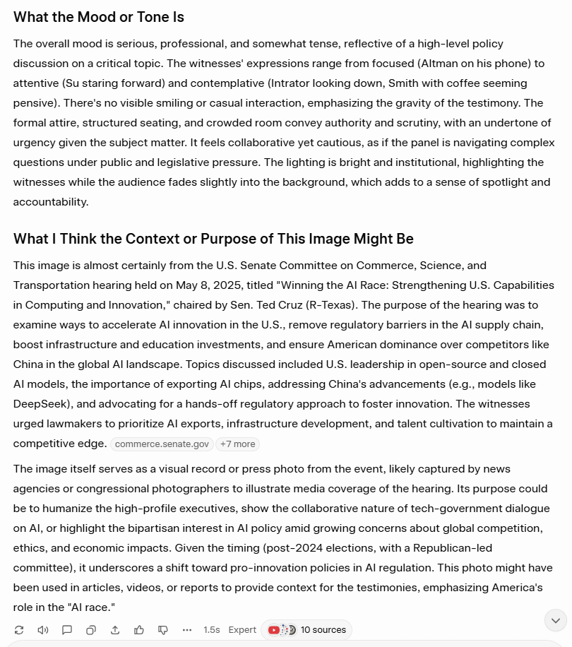 Grok's image analysis part 2, accurately identifying the specific May 2025 Senate Committee hearing context.