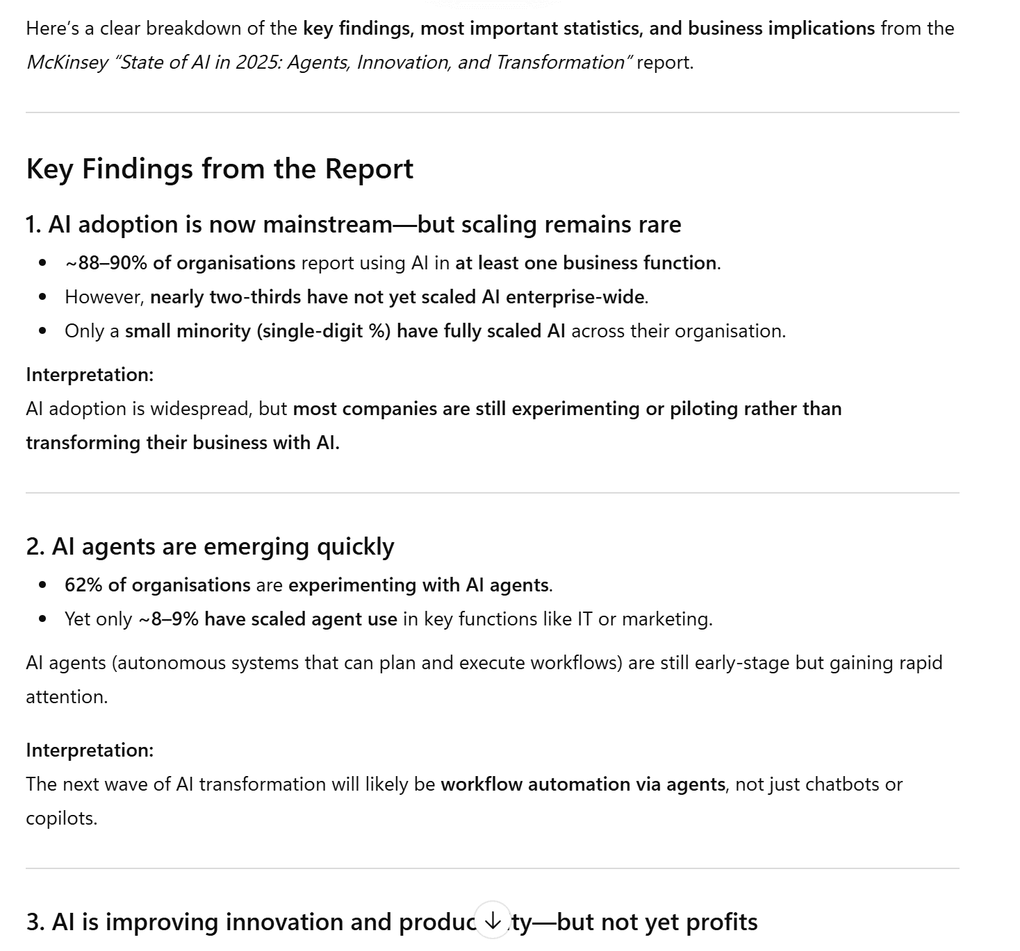 ChatGPT's PDF analysis was thorough. ChatGPT's PDF analysis output part 1, providing a detailed summary of the McKinsey State of AI 2025 report.