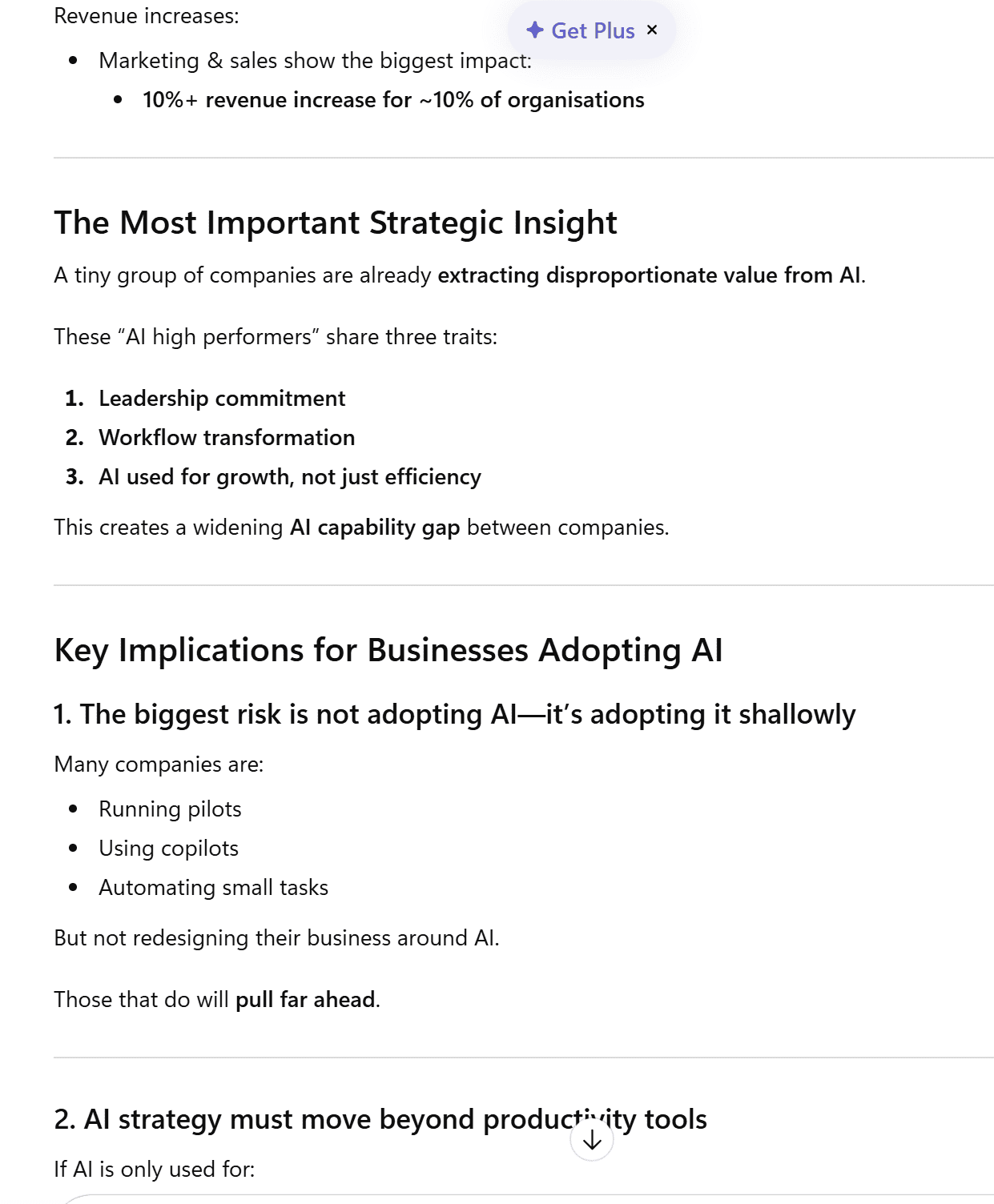 ChatGPT's PDF analysis output part 2, accurately extracting key statistics and business implications from the research paper.