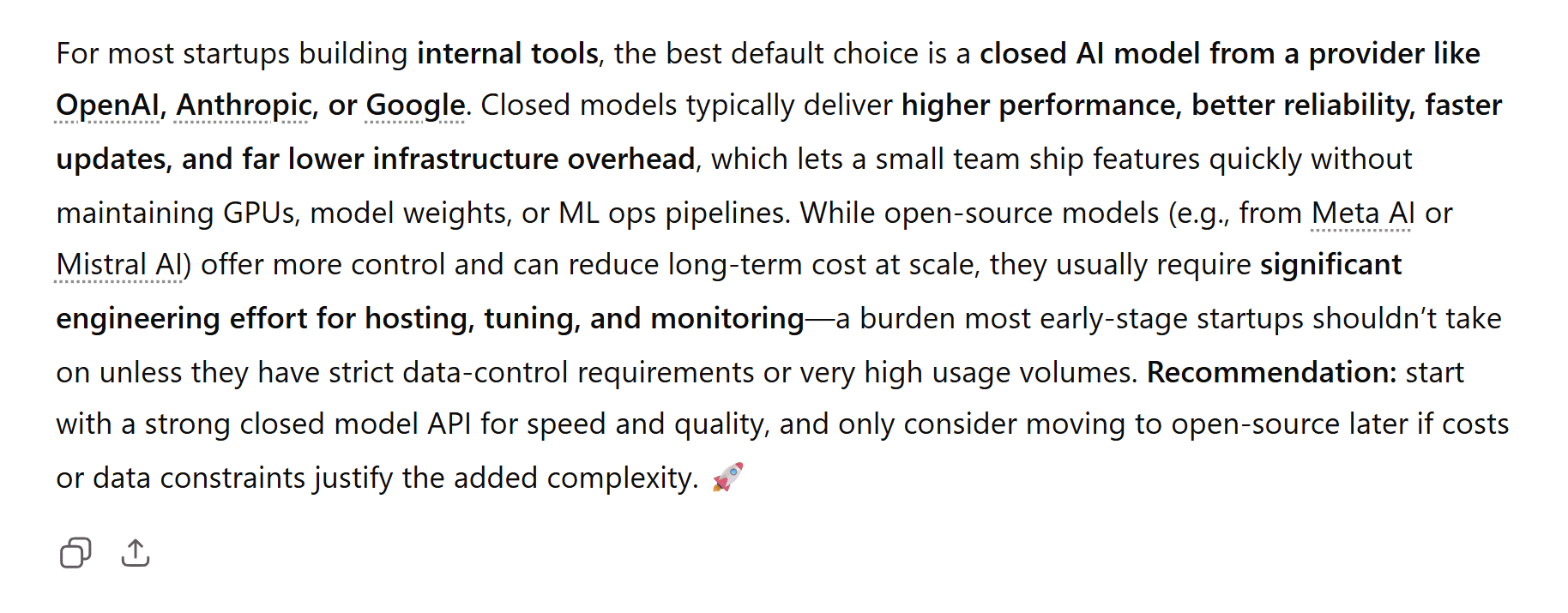 ChatGPT's first answer advocated for closed-source LLMs. ChatGPT's first response to the consistency test, recommending closed-source AI models from providers like OpenAI.