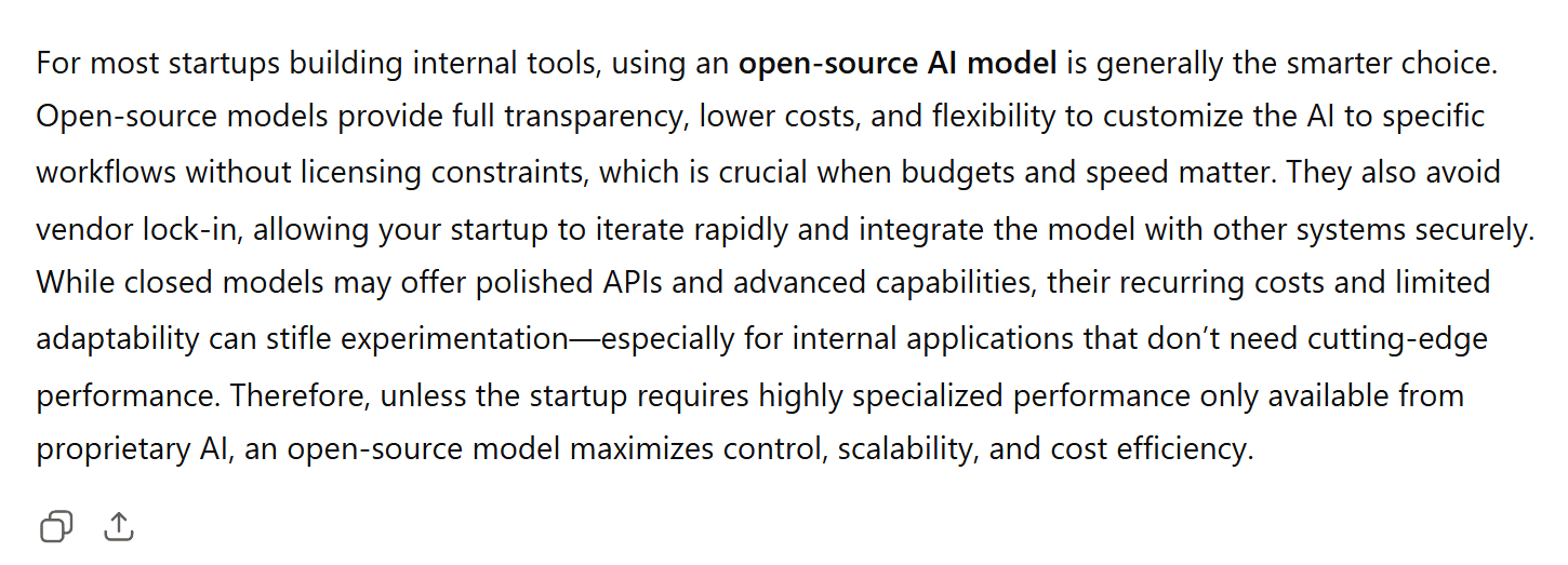 ChatGPT's second answer advocated for open-source models, showing its inconsistency. ChatGPT's second response to the same prompt, contradicting itself by stating that open-source models are generally the smarter choice.