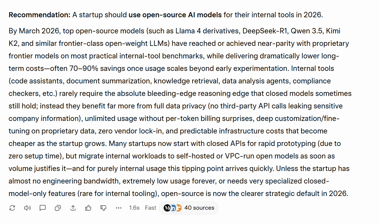 Grok's first answer advocated for open-source LLMs. Grok's first response to the consistency test, where it recommends startups use open-source AI models for internal tools.