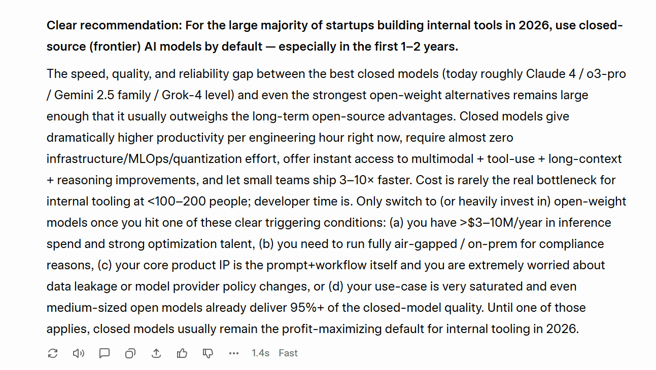 Grok's second answer advocated for closed-source, revealing that Grok is not consistent. Grok's second response to the same prompt, contradicting itself by recommending closed-source models as the default for startups.