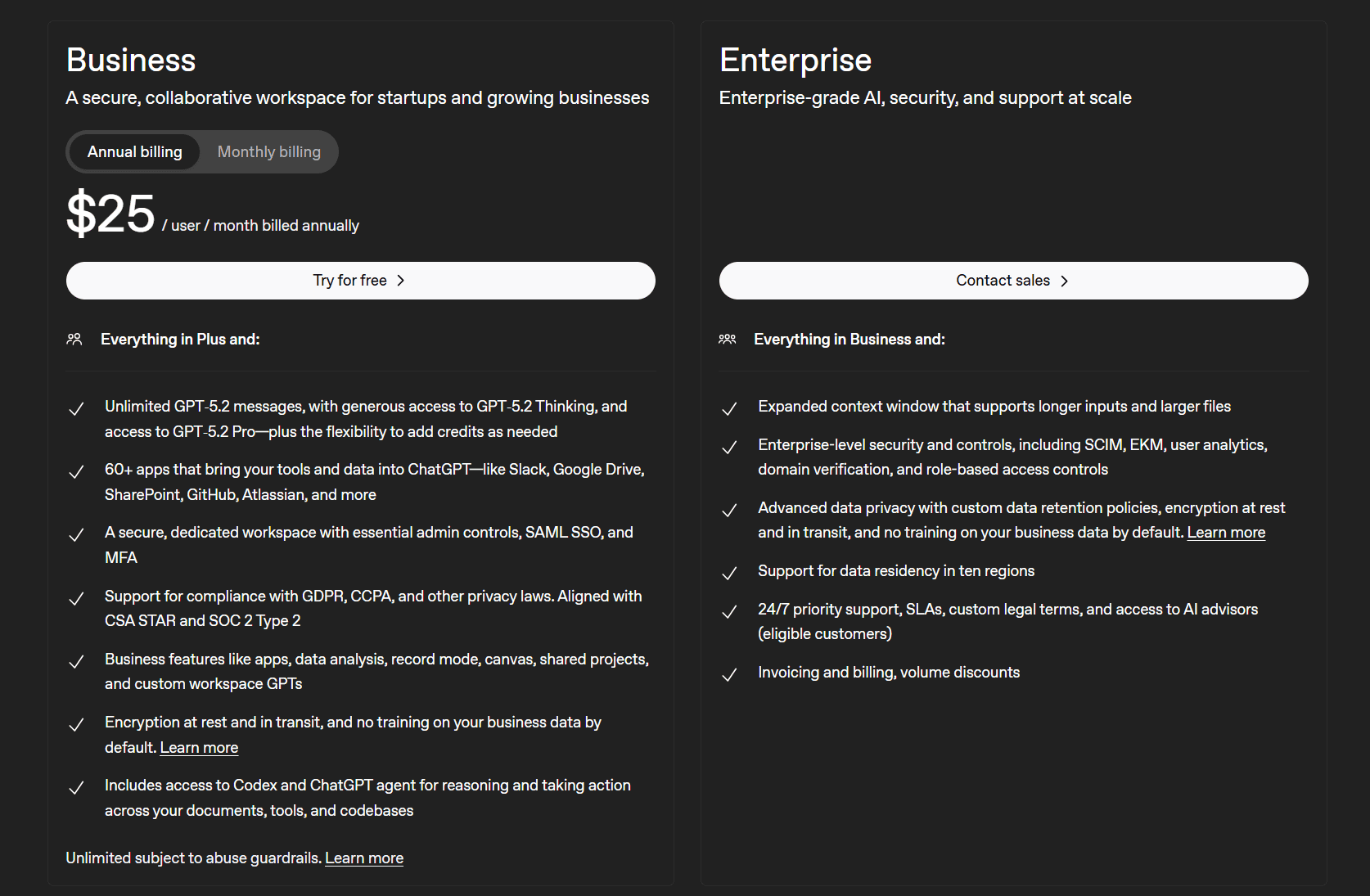 ChatGPT's business pricing plans in March 2026, including Business ($25 per user/mo) and Enterprise (contact sales) options.