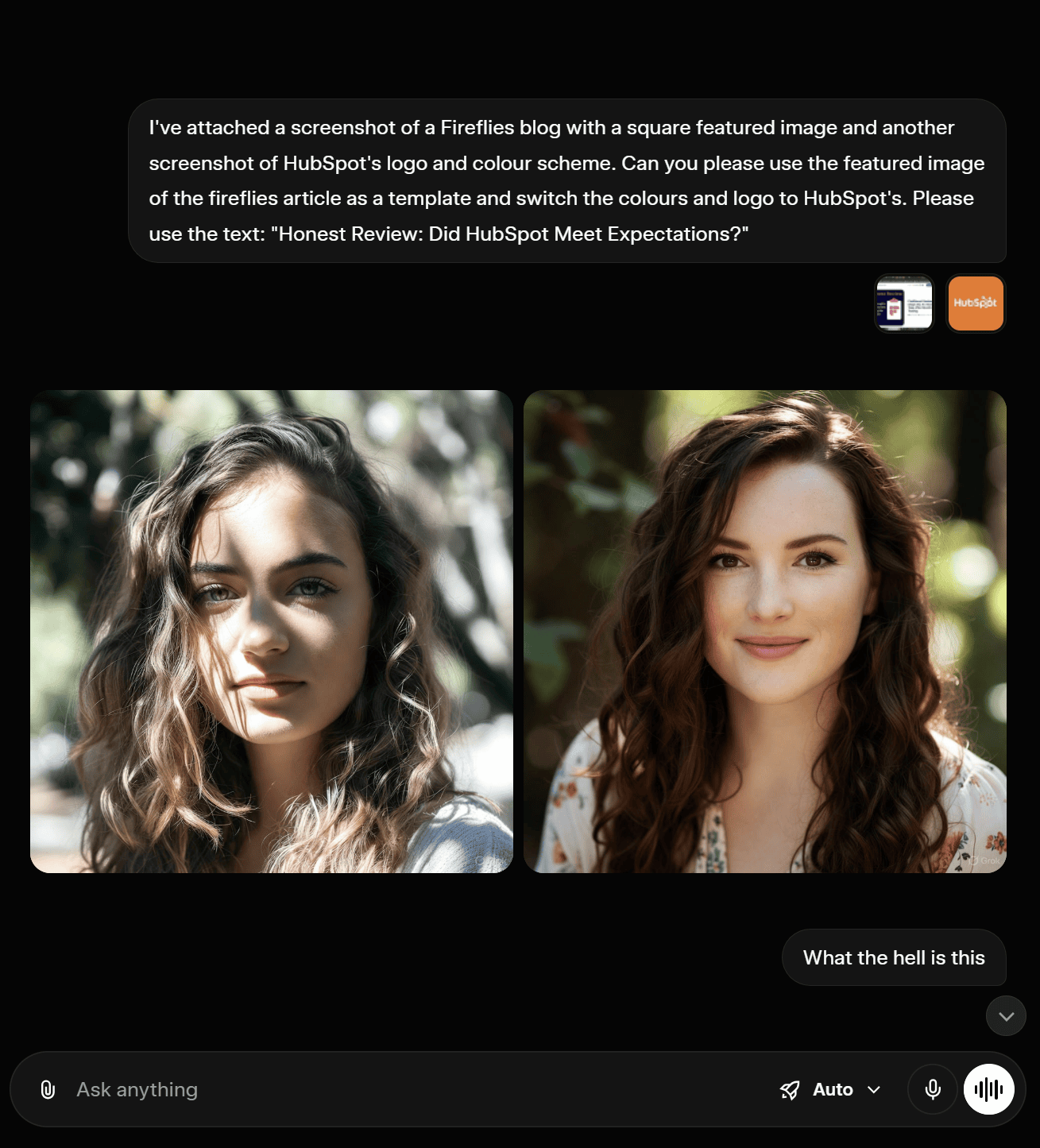 Grok's failed image generation from 2025, where it produced photos of women instead of the requested HubSpot-themed graphic.