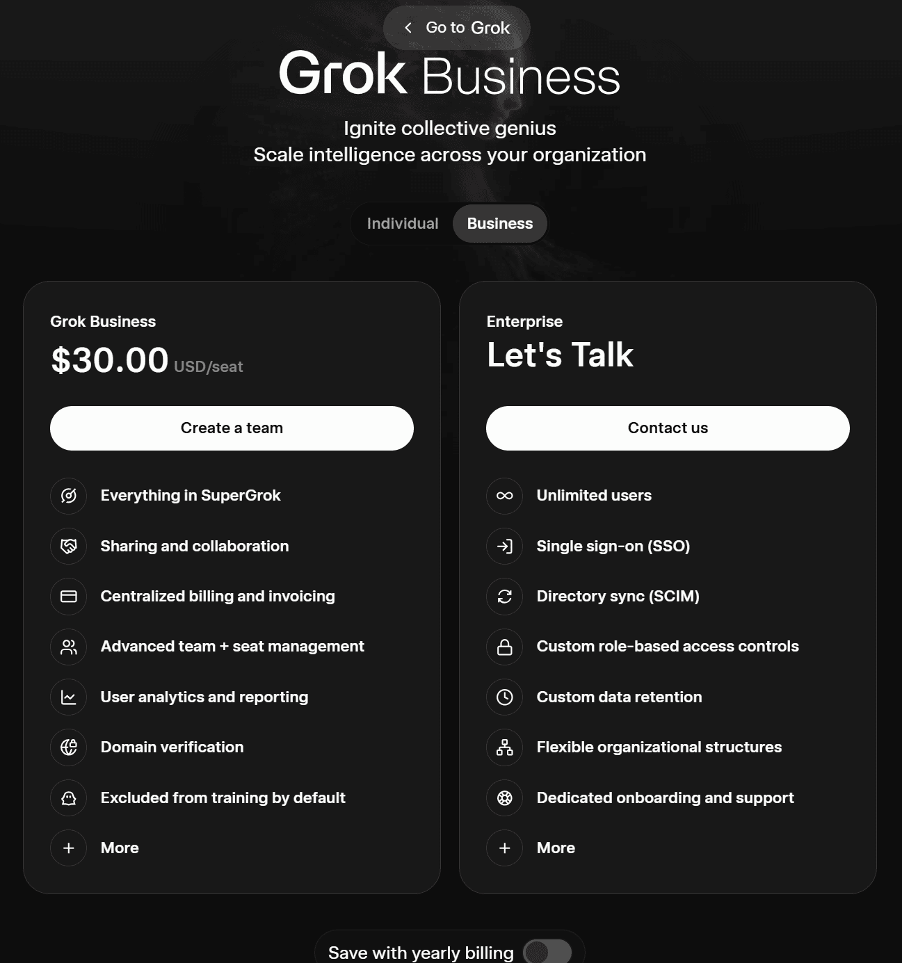Grok AI's business pricing plans as of March 2026, showing Grok Business ($30 per user/mo) and Enterprise (contact sales).