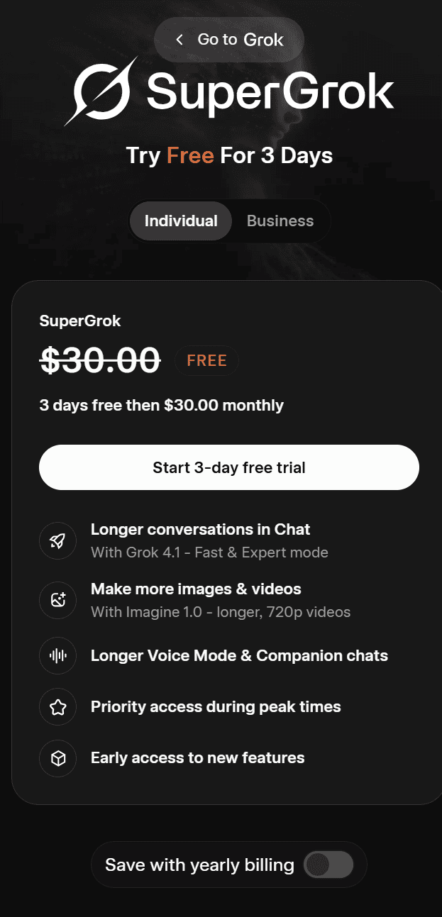 Grok AI's individual pricing plan, SuperGrok, available for $30 per month with a 3-day free trial.