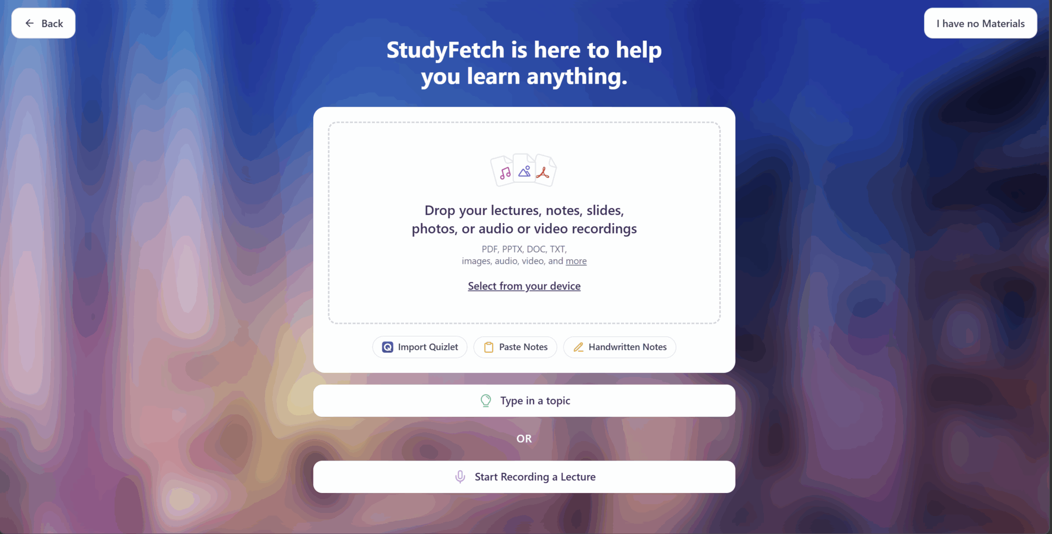 StudyFetch попросив мене завантажити файли, які допоможуть мені вивчити матеріал.