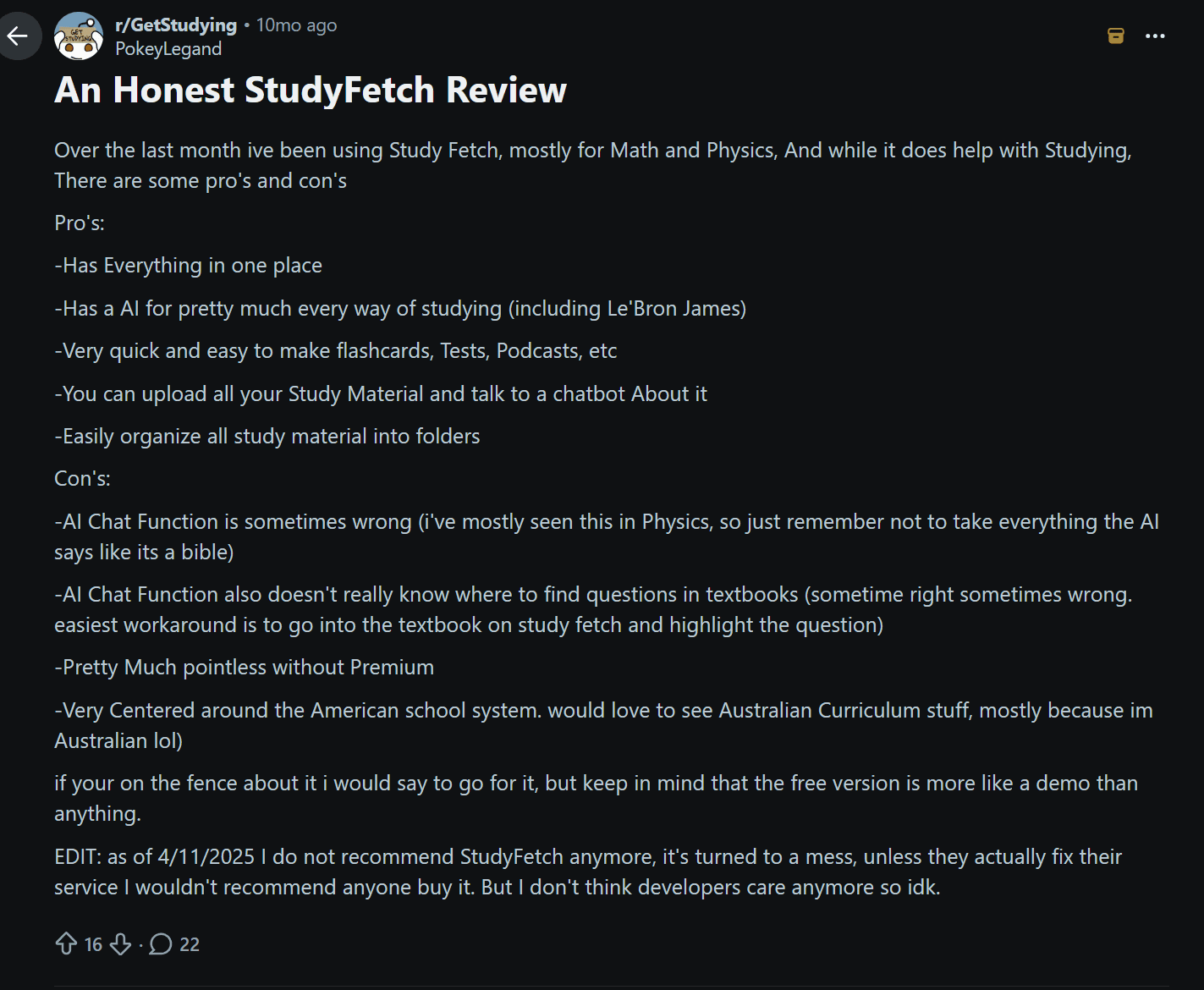 Допис на Reddit: чесний відгук про StudyFetch
