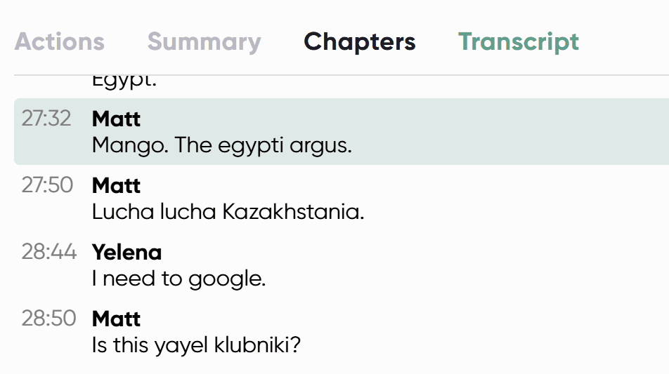 A screenshot of Spinach AI's transcript when it failed to detect a new language.