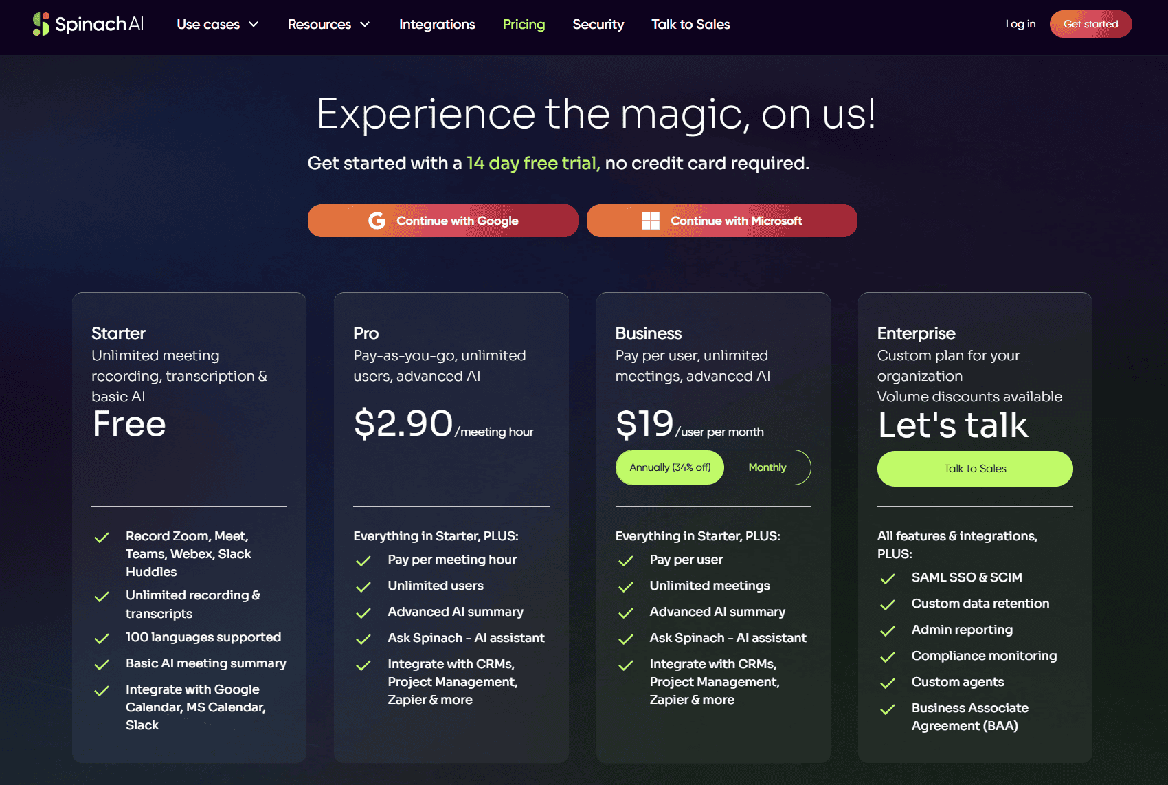 A screenshot of Spinach AI's pricing page