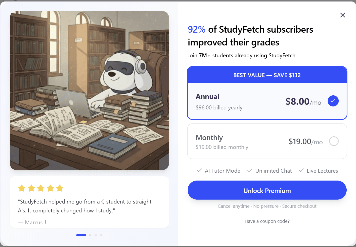 Ціни на StudyFetch станом на березень 2026 року.