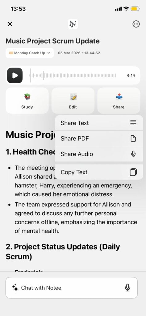 Captura de pantalla: menú desplegable «Compartir» con las opciones «Compartir texto», «Compartir PDF», «Compartir audio» y «Copiar texto».