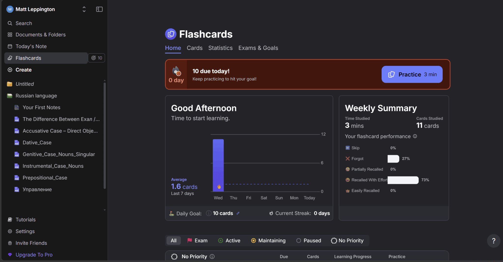 RemNote's gamification has stats and charts that make it fun to learn.