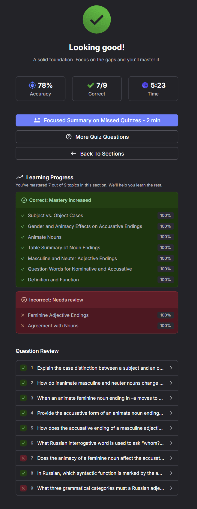 RemNote's Quiz results