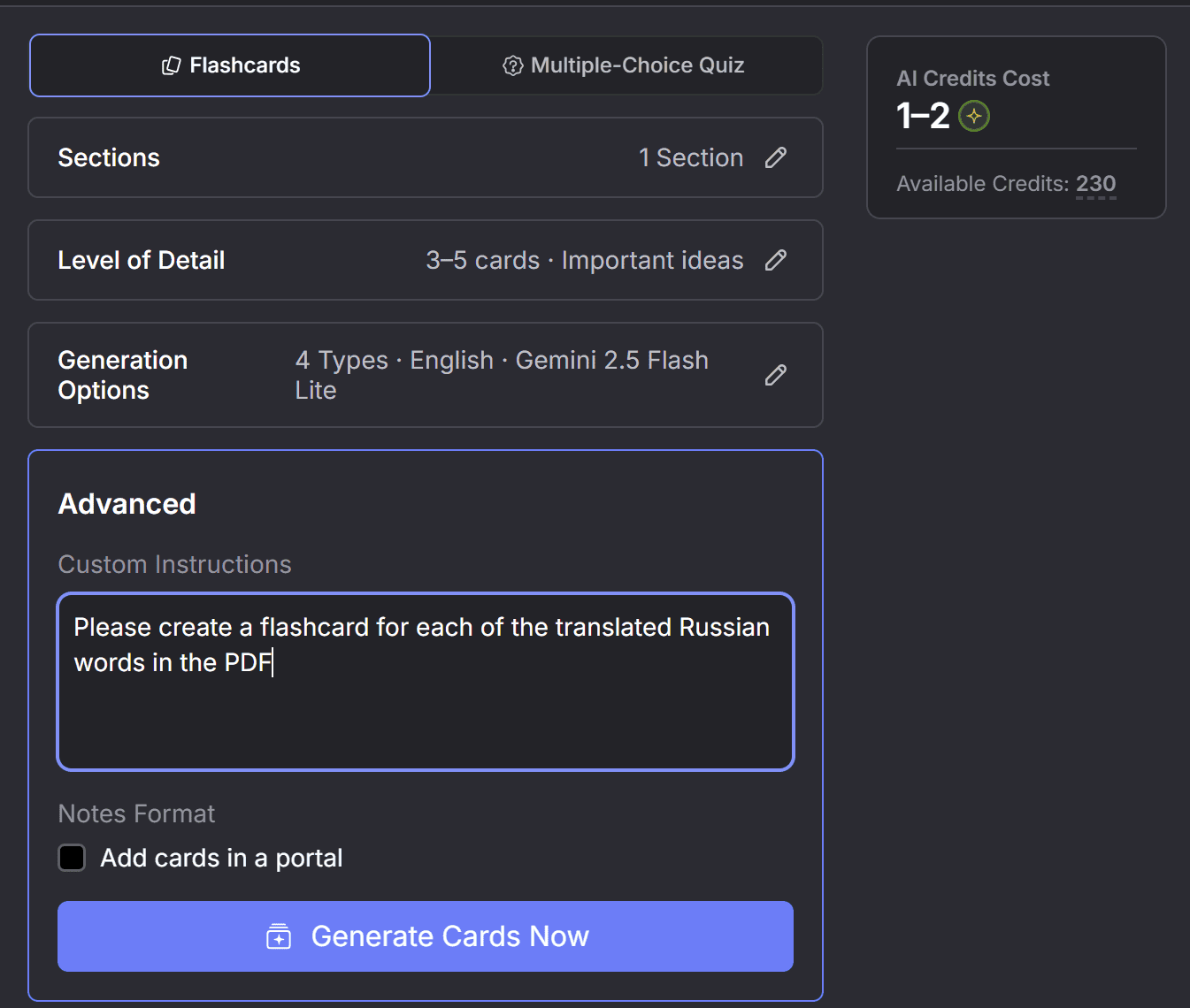 Creating flashcards with RemNote using a prompt.