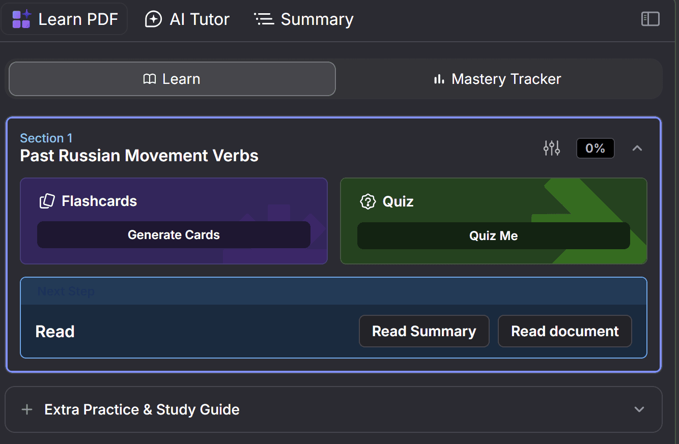 RemNote's dashboard lets you create flashcards, quizzes, or ask an AI tutor about your revision materials.
