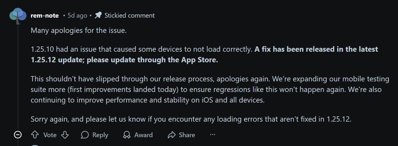RemNote themselves reply on Reddit threads to help users.