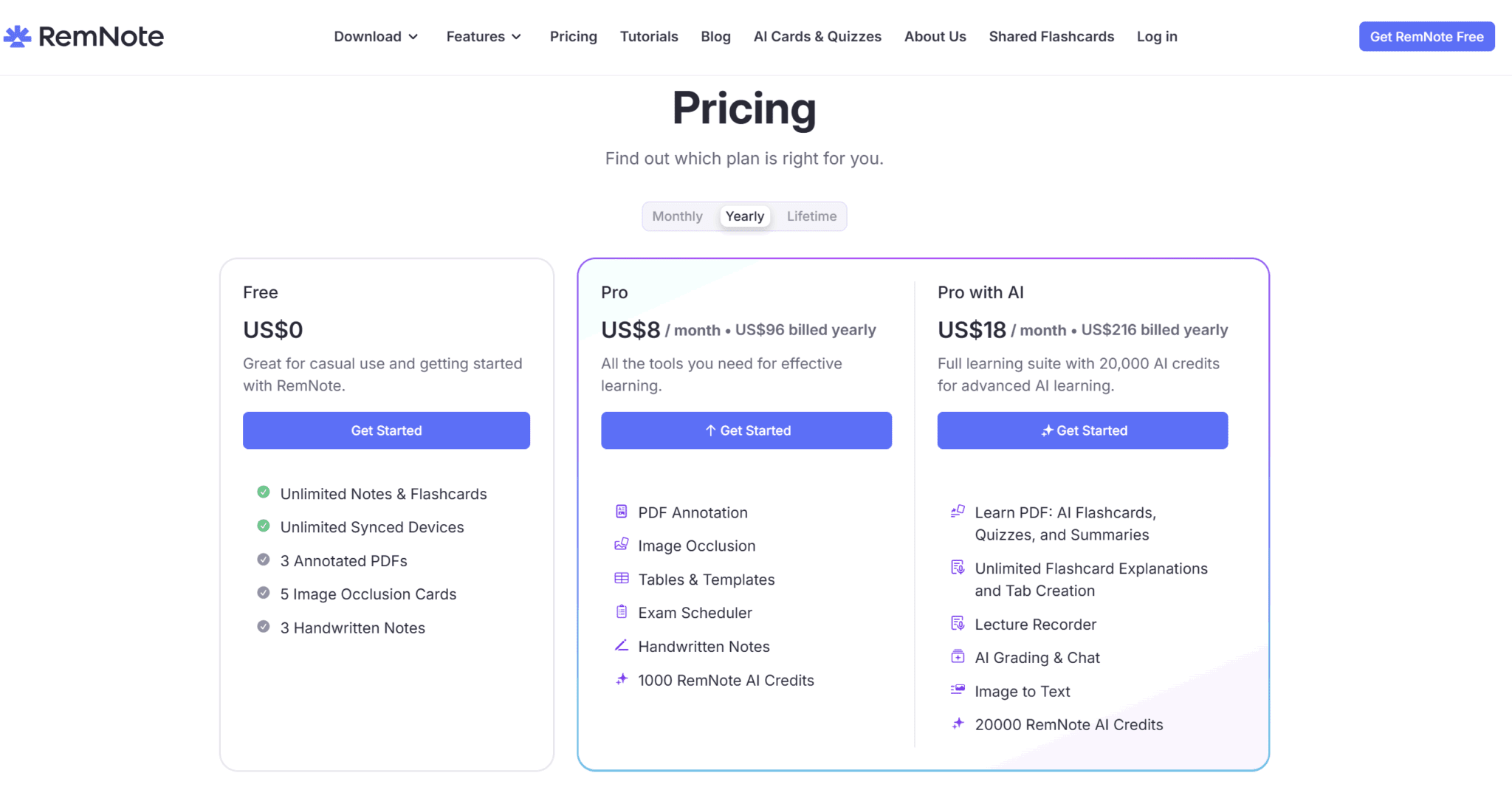 RemNote pricing page as of April 2026.