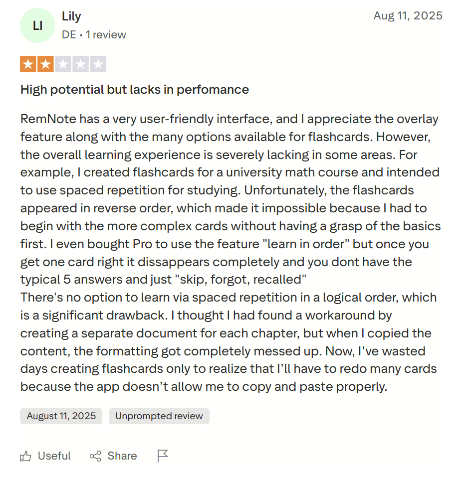 RemNote's 2-star review on TrustPilot.