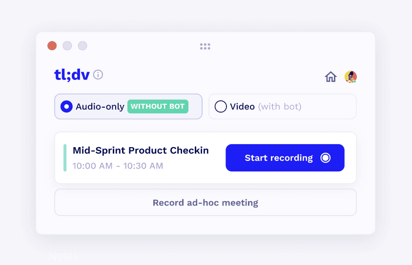 tl;dv desktop app showing Audio-only WITHOUT BOT mode selected with Start recording button