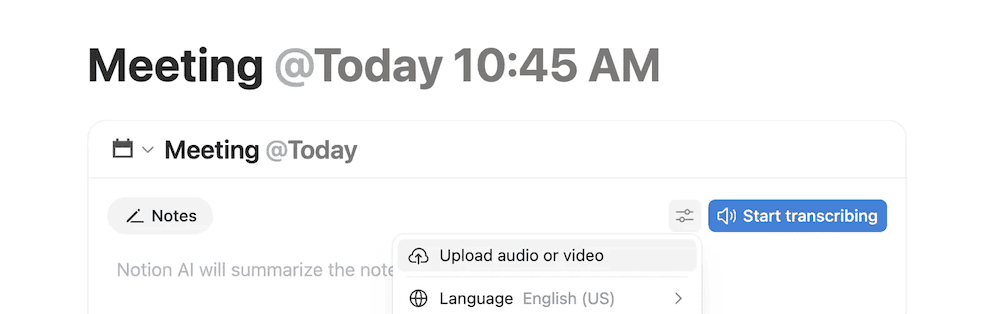 Меню настроек Notion AI Meeting Notes с пунктом «Загрузить аудио или видео»