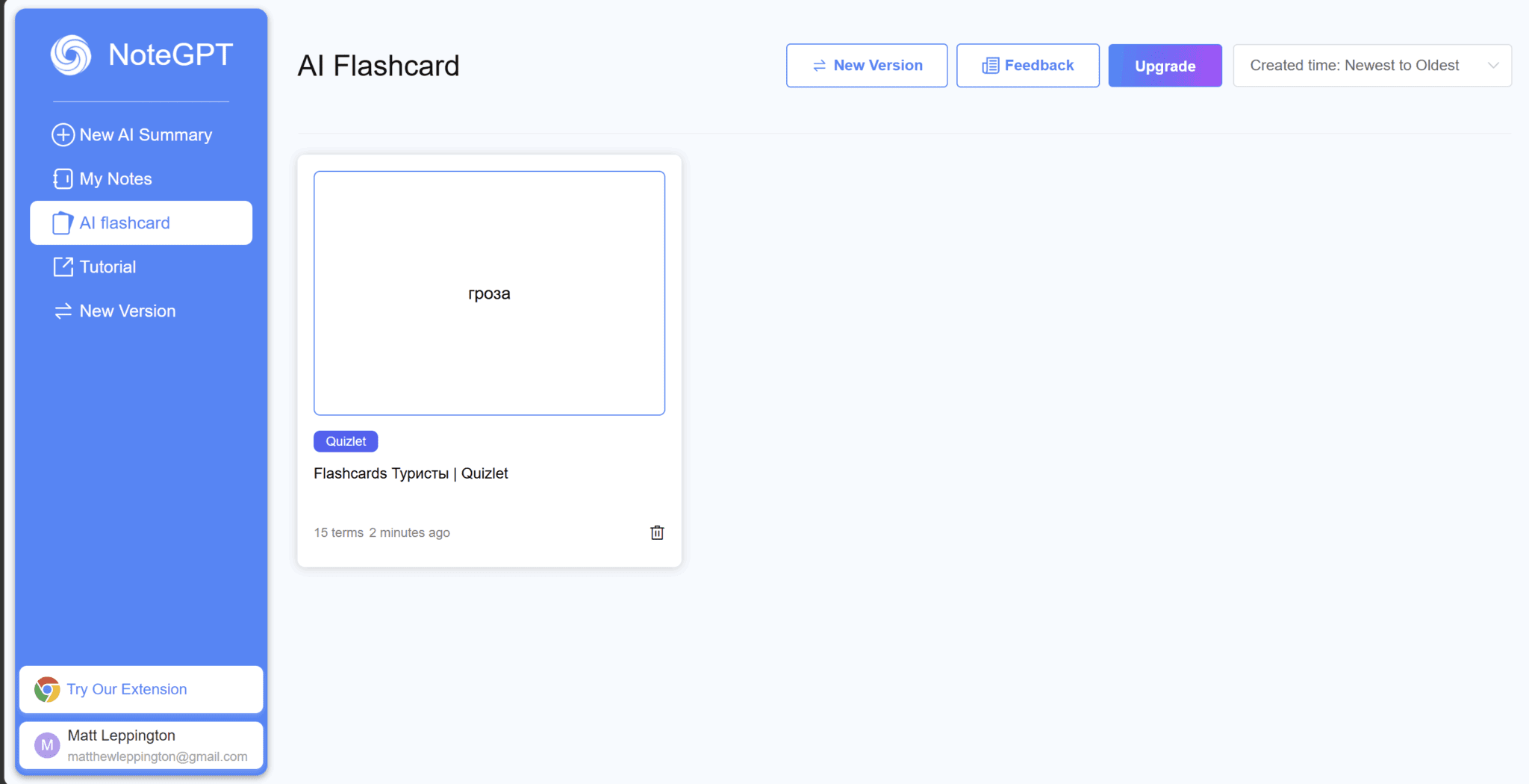 Pannello di controllo delle flashcard di NoteGPT AI.
