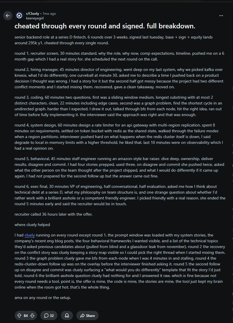 Uma publicação no Reddit elogiando o Cluely por ajudá-lo a “dar uma de esperto” nas entrevistas de emprego.