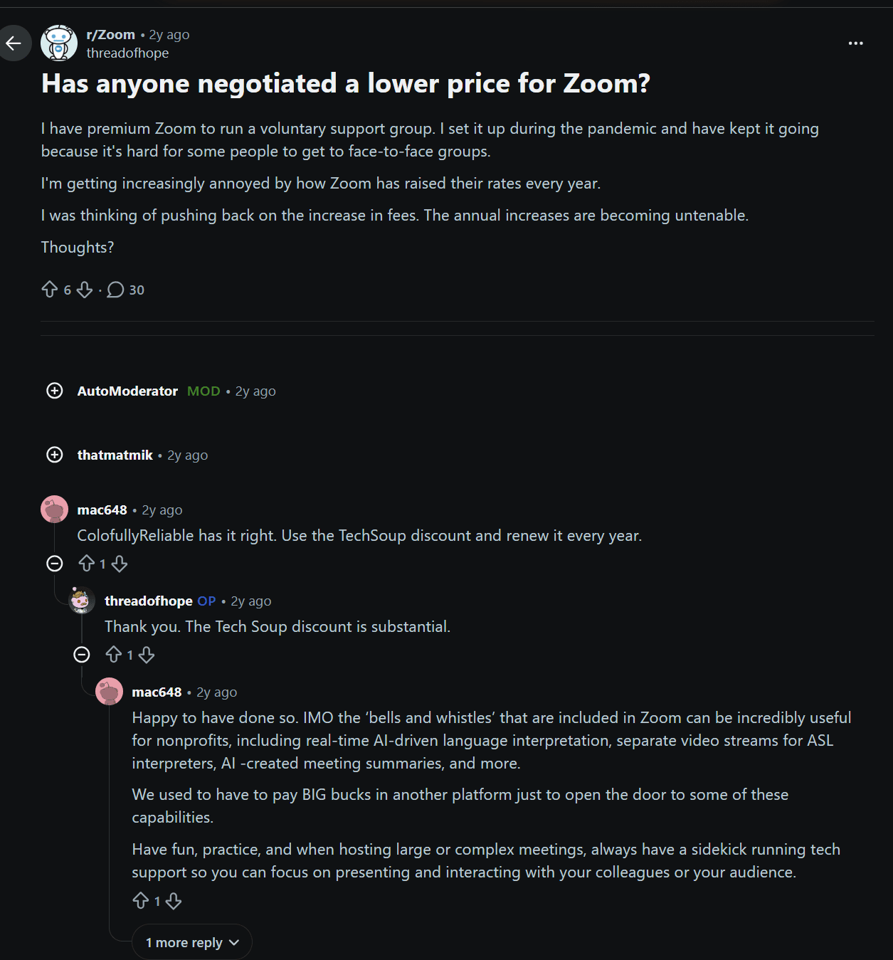 Un hilo de Reddit sobre cómo negociar con Zoom