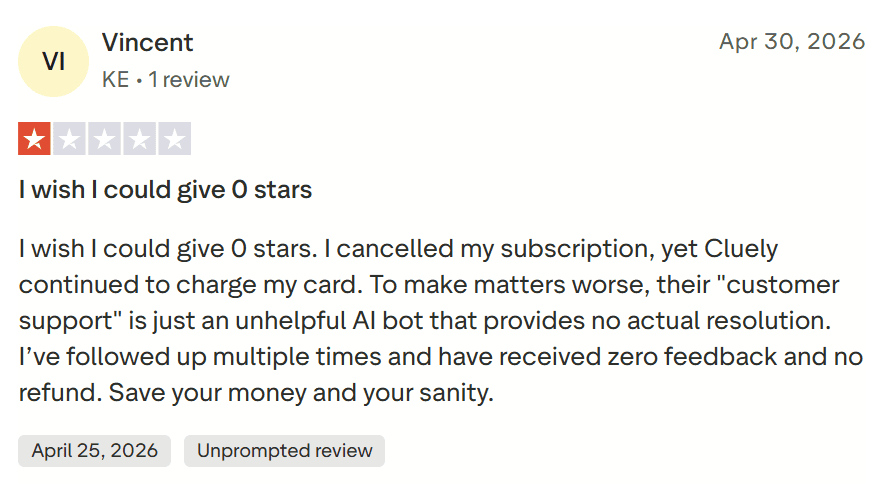 Mais uma crítica terrível sobre a Cluely no TrustPilot