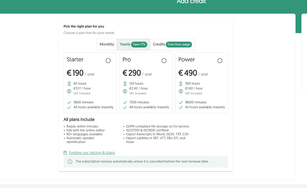 Amberscript yearly pricing: Starter €190, Pro €290, Power €490 per year with 17% saving