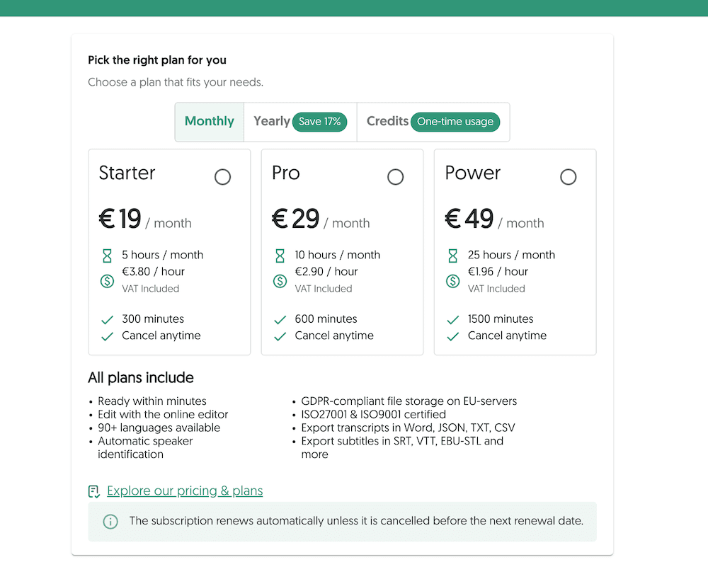 Amberscript monthly pricing: Starter €19, Pro €29, Power €49 per month, each marked cancel anytime