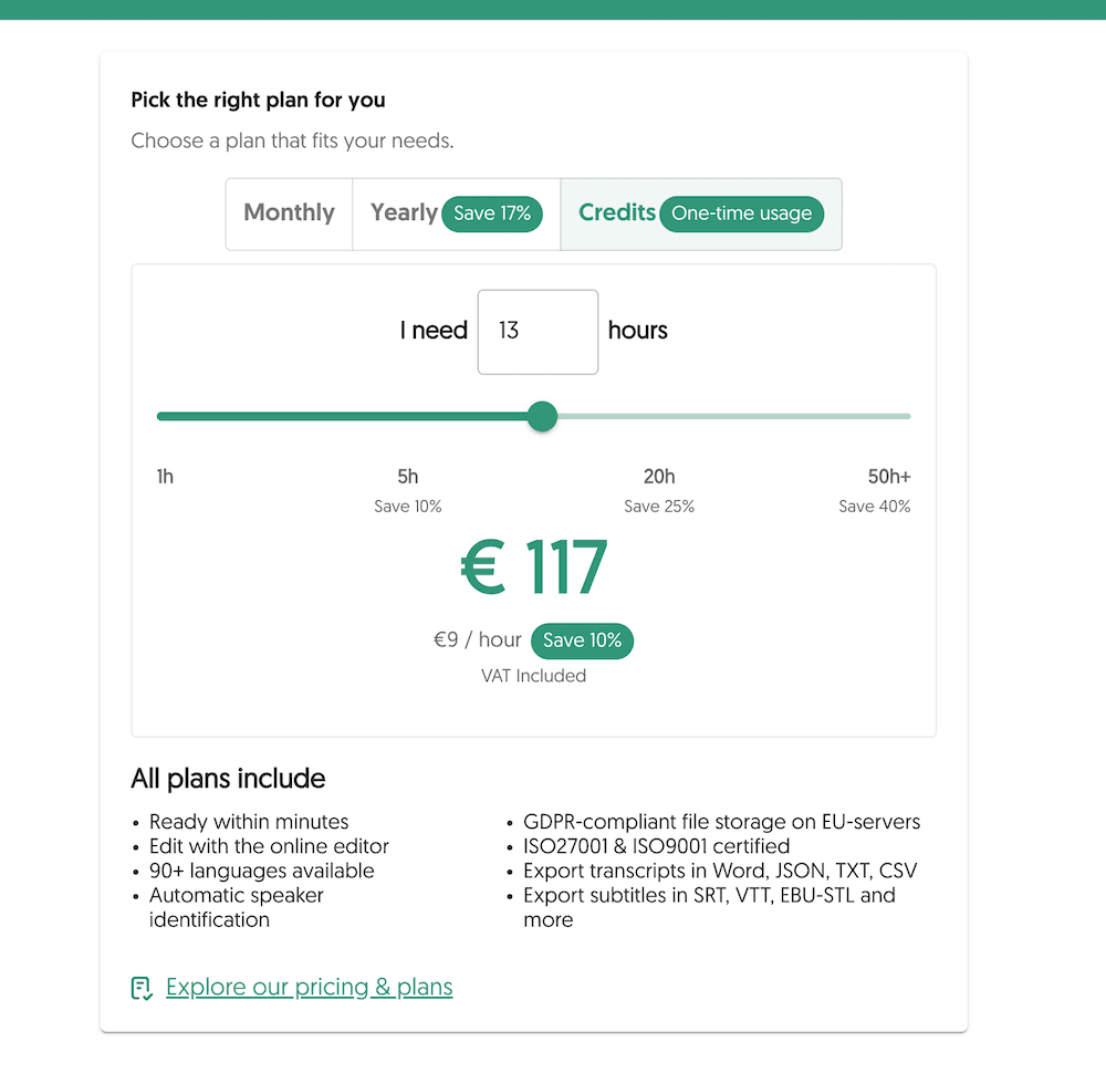 Amberscript one-time credit pricing slider set to 13 hours for €117 at €9 per hour