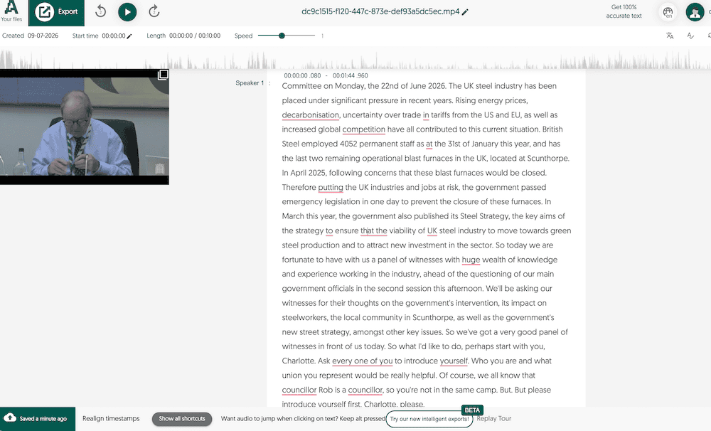 Amberscript editor transcribing the British Steel committee session, showing "street strategy" where the record says "steel strategy"