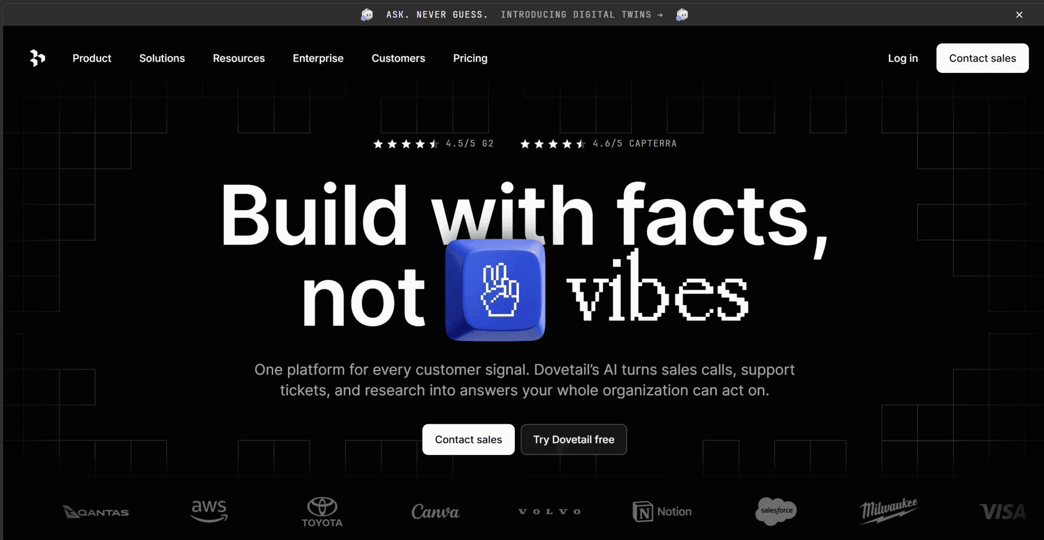 Dovetail homepage as of August 2026